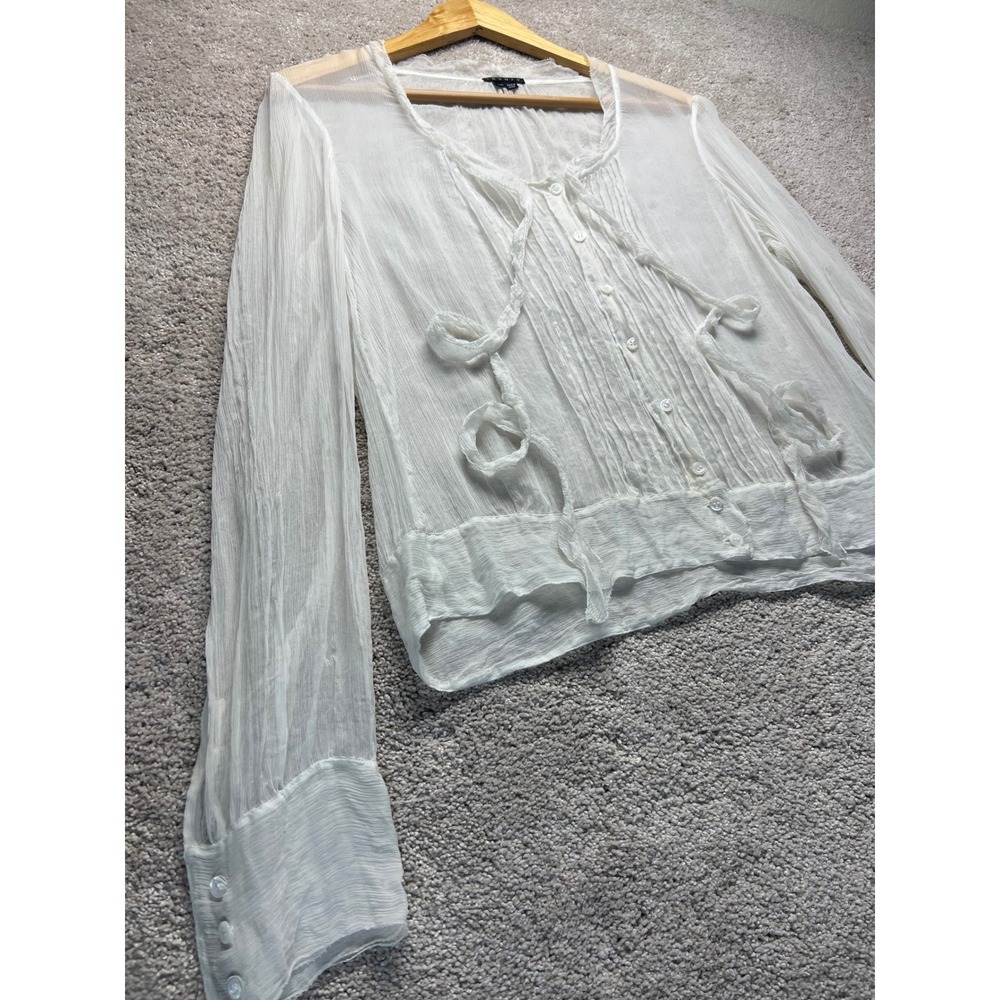 Theory White Sheer Pintuck Pleated Button Front Blouse Top Large Romantic Gauze - Picture 9 of 10